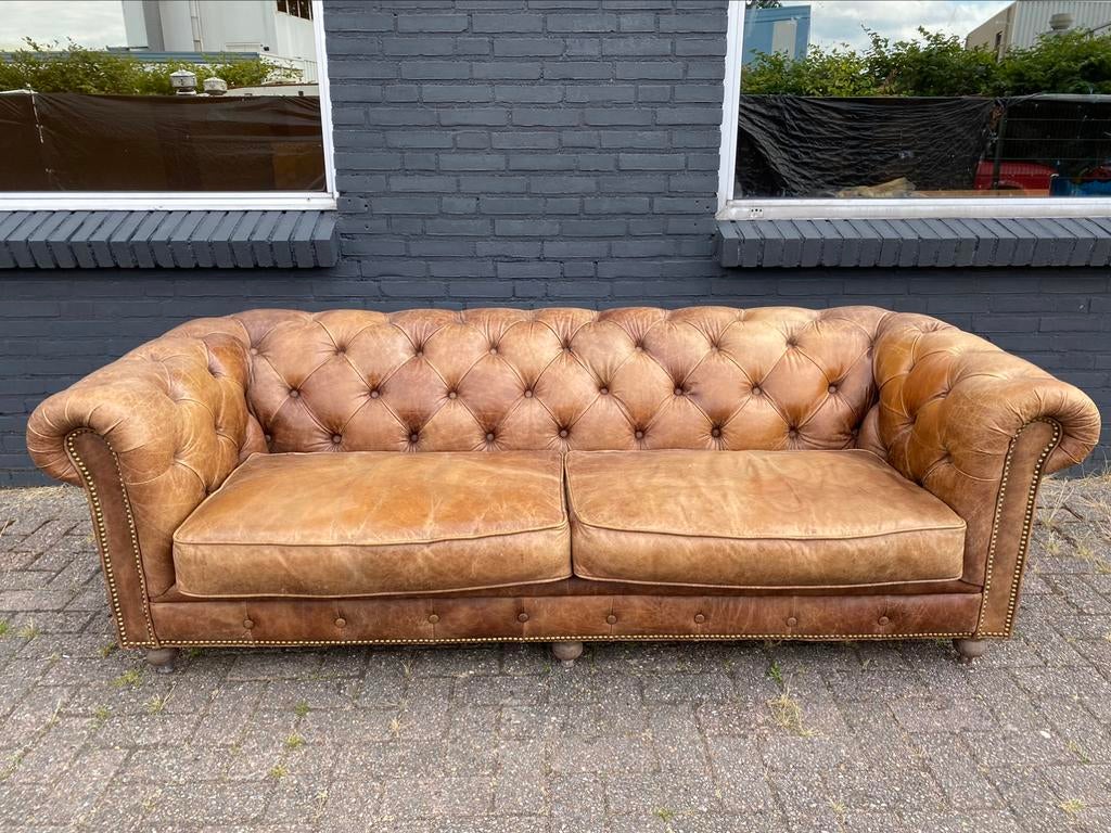 Stoere Chesterfield bank vintage cognac GRATIS BEZORGD, Ophalen of Verzenden, Gebruikt, 75 tot 100 cm, Leer