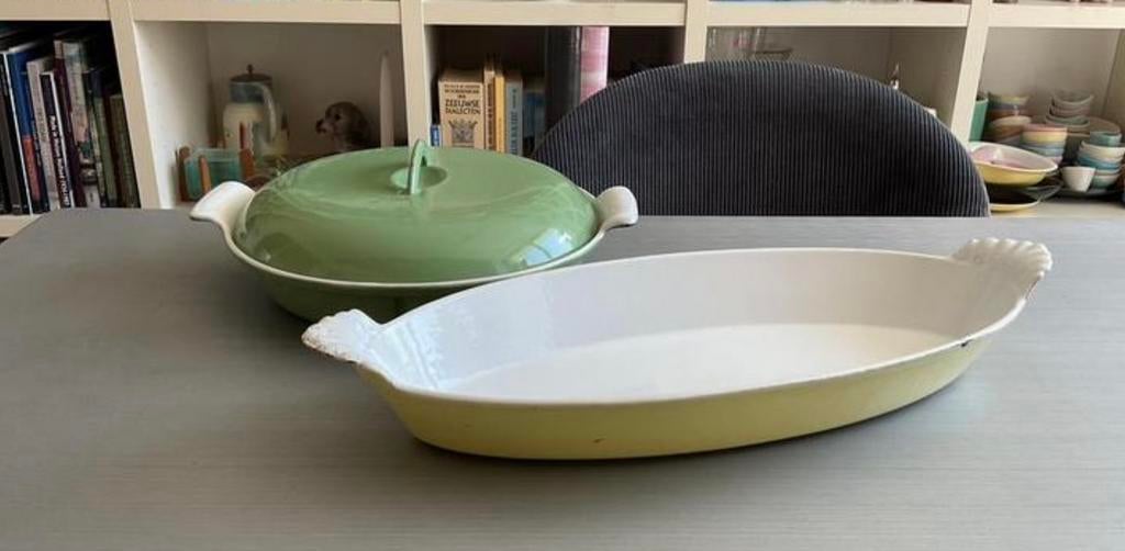 2x vintage Descoware Belgium gietijzer ovenschalen; €20 p/s, Ophalen of Verzenden, Gebruikt, Gietijzer, Overige typen