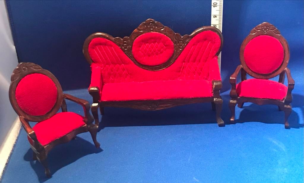 Poppenhuis miniatuur bank met 2 stoelen, Verzamelen, Poppenhuizen en Toebehoren, Ophalen, Poppenhuis