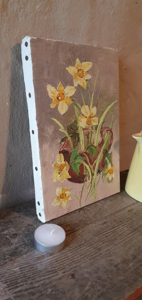 Mini schilderwerk op linnen narcissen in grèspot, Ophalen of Verzenden