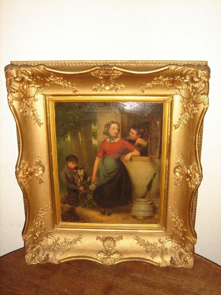 19th Century oil, Man and woman flirting , +- 1860., Antiek en Kunst, Kunst | Schilderijen | Klassiek, Ophalen of Verzenden