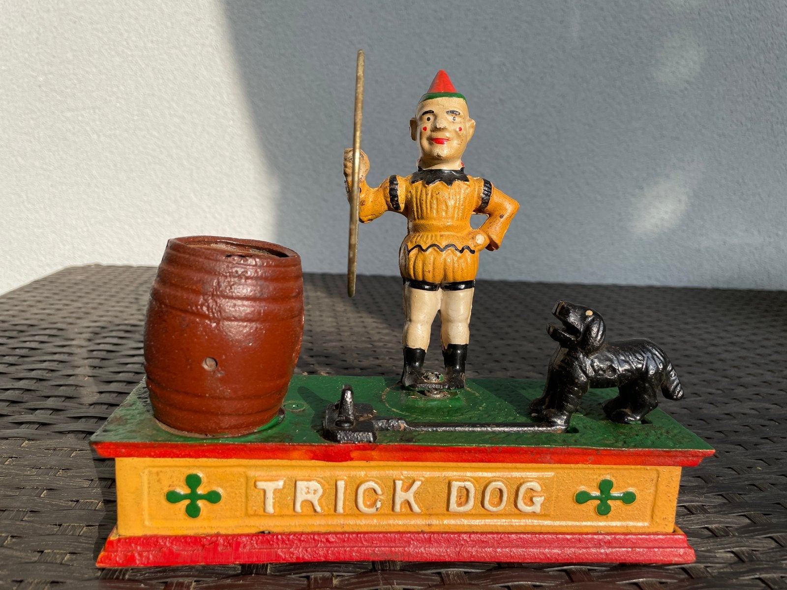 Vintage Gietijzeren Spaarpot "Trick Dog" Clown & Hond, Ophalen, Gebruikt