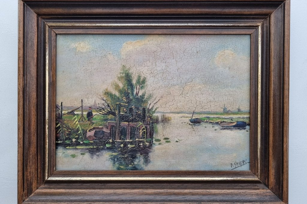 oud schilderij   van P Snippe .( 23 bij 16.5 ), Ophalen of Verzenden, Gesigneerd, Maritiem / water