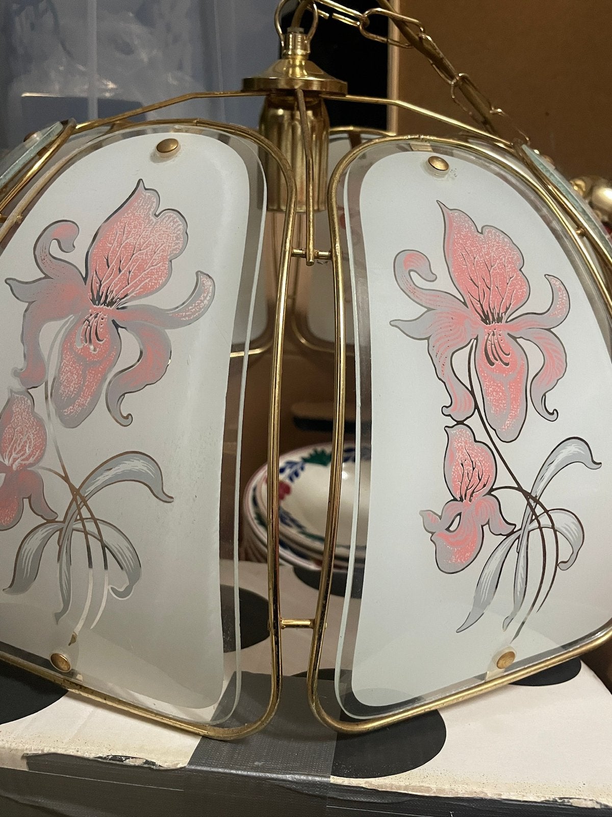 Jordanese cafe lamp keuken bloemen goud glas en lood roze, Ophalen, Gebruikt, Glas, E27 (groot)