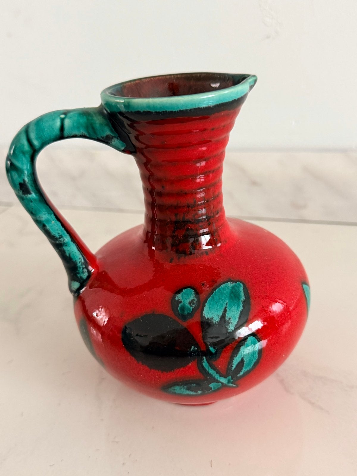 Vintage rood keramiek vaasje met groen decor, Ophalen of Verzenden