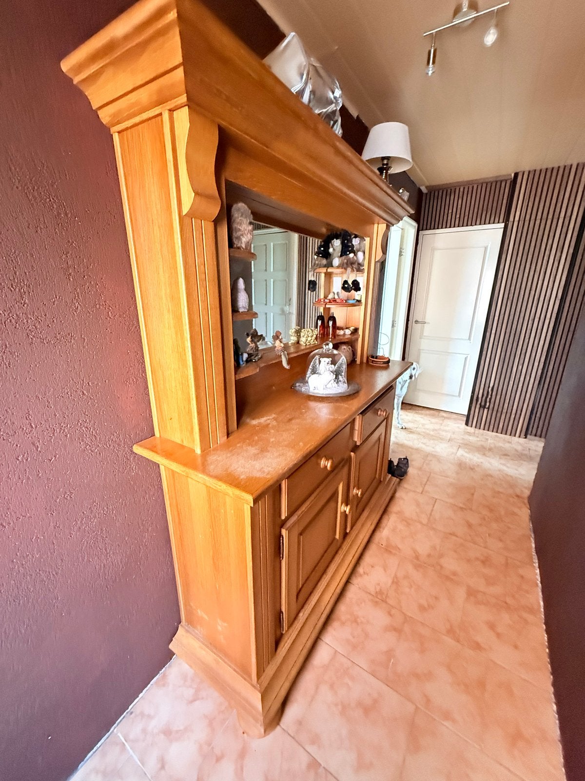 Houten dressoir met spiegel en lades, Ophalen, Gebruikt, 100 tot 150 cm, Met lade(s)