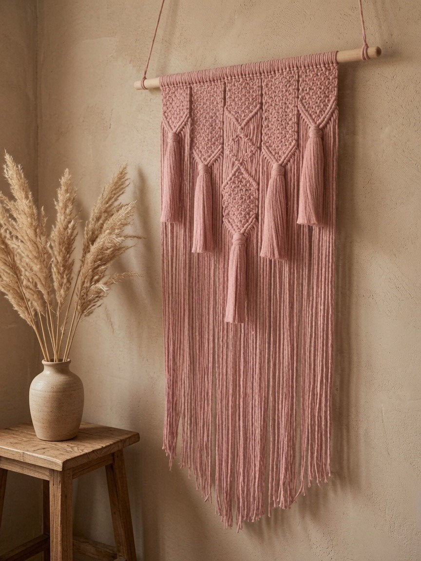 Macrame wandhanger, Boho, Ophalen of Verzenden, Roze, Handgemaakt