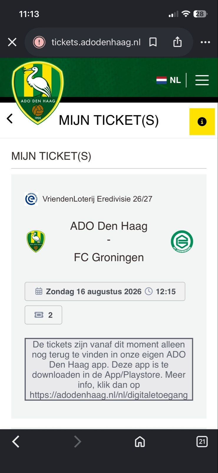 1 TICKET TE KOOP VOOR ADO VS GRONINGEN, Tickets en Kaartjes, Losse kaart, Eén persoon, Augustus