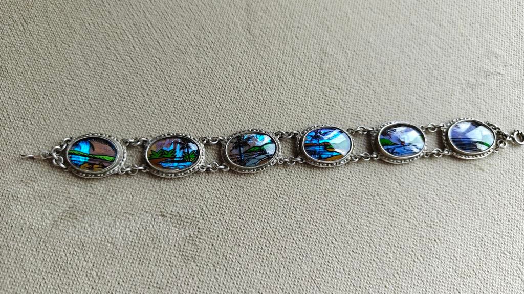 Vintage Braziliaanse vlindervleugel paneel armband, Sieraden, Tassen en Uiterlijk, Ringen, Dame, 17 tot 18, Zilver, Ophalen of Verzenden