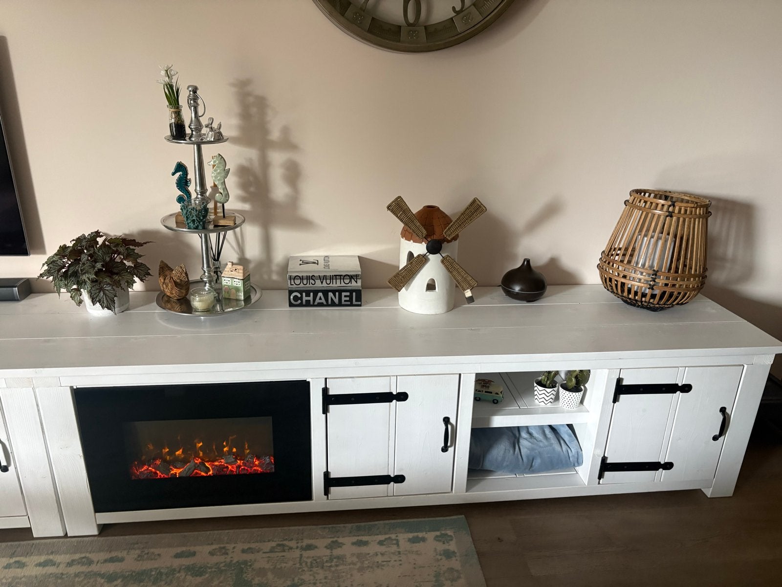 Steigehout tv-kast met elektrische haard en wandkast, Ophalen, Gebruikt, 50 tot 75 cm, 200 cm of meer