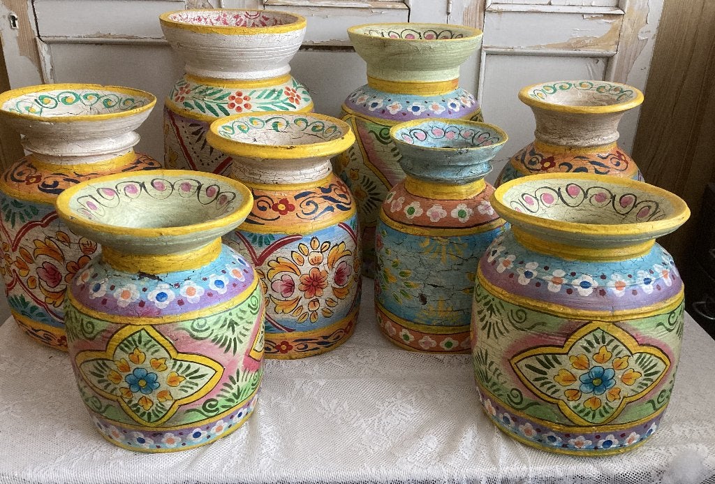 Brocante oude houten handbeschilderde Nepalese kruiken - pot, Ophalen, Hout, Meerkleurig, ---