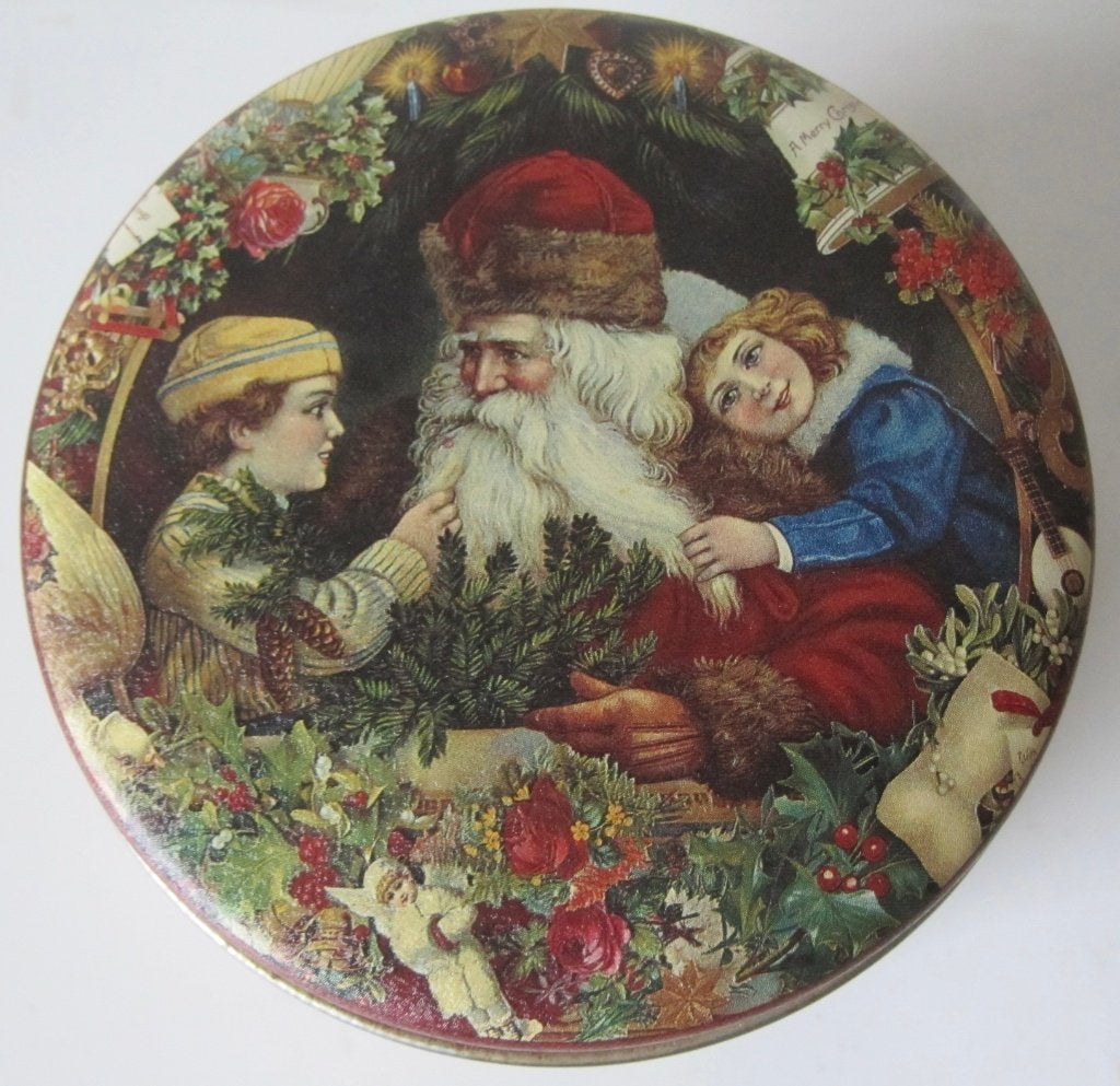 blik met retro beeld van kerstman en kinderen, Verzamelen, Blikken, Ophalen of Verzenden, Zo goed als nieuw, Overige