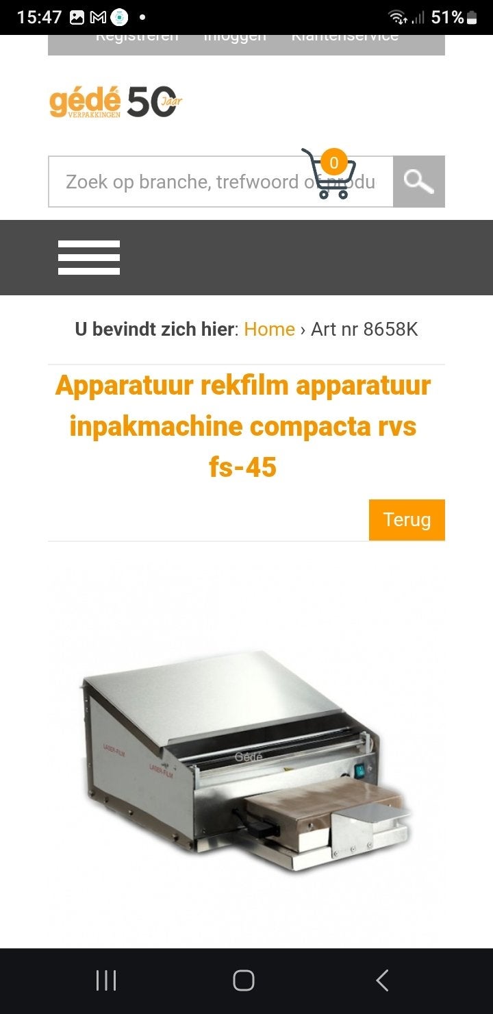 Gédé Compacta RVS FS-45 Rekfilm Inpakmachine, Ophalen