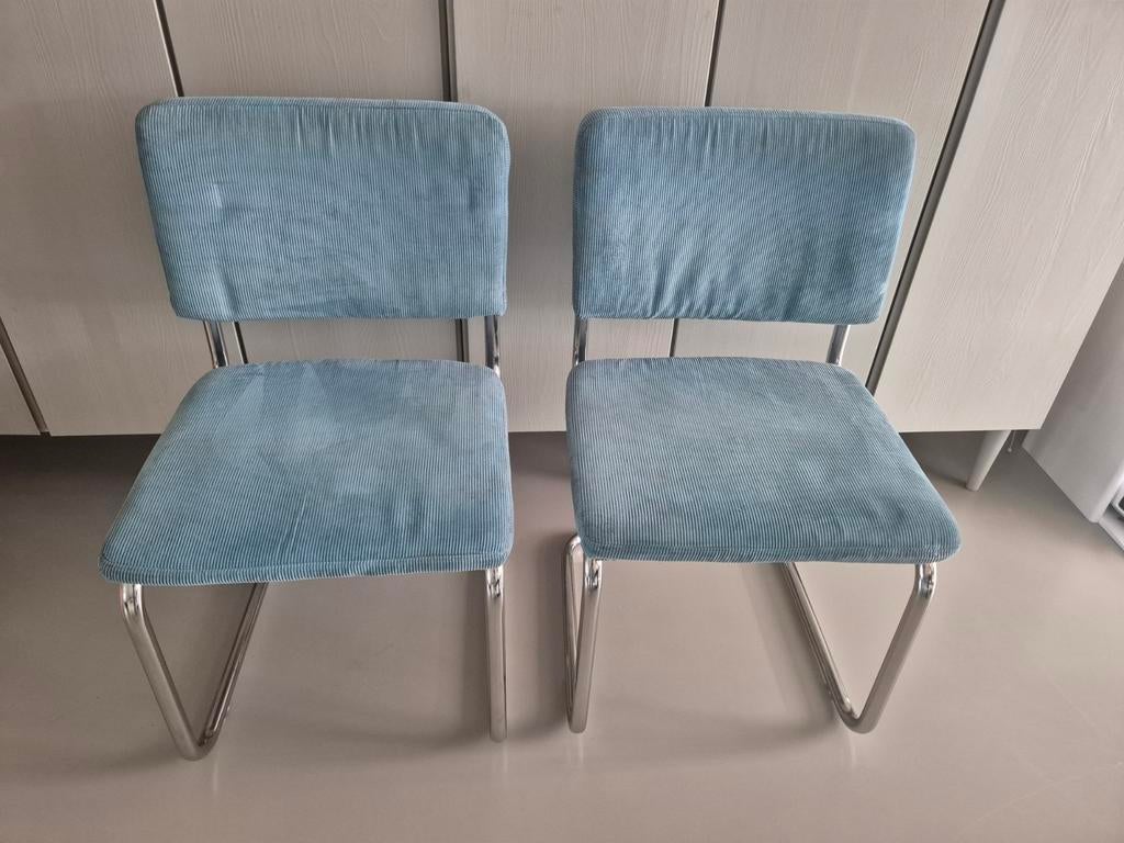 2x Vintage Ribfluwelen Stoelen - Turquoise - Opknappers, Huis en Inrichting, Stoelen, Ophalen