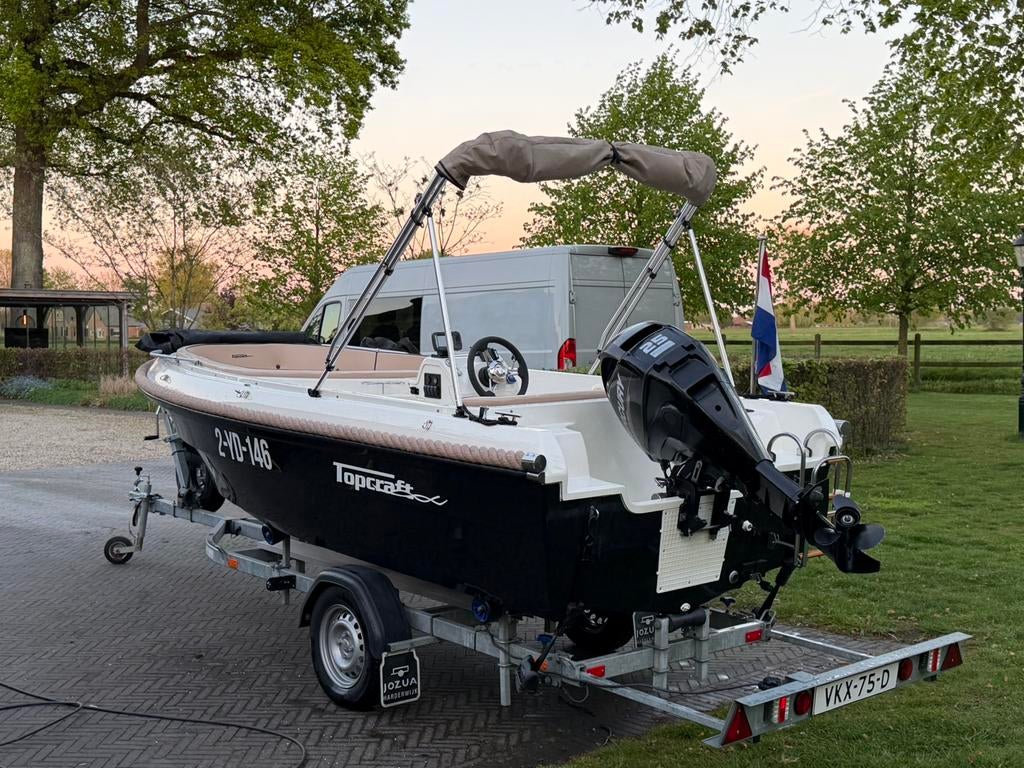 Topcraft 484G sloep Mercury 25 pk + trailer perfecte staat, Watersport en Boten, Sloepen, Ophalen, 10 tot 30 pk, Zo goed als nieuw