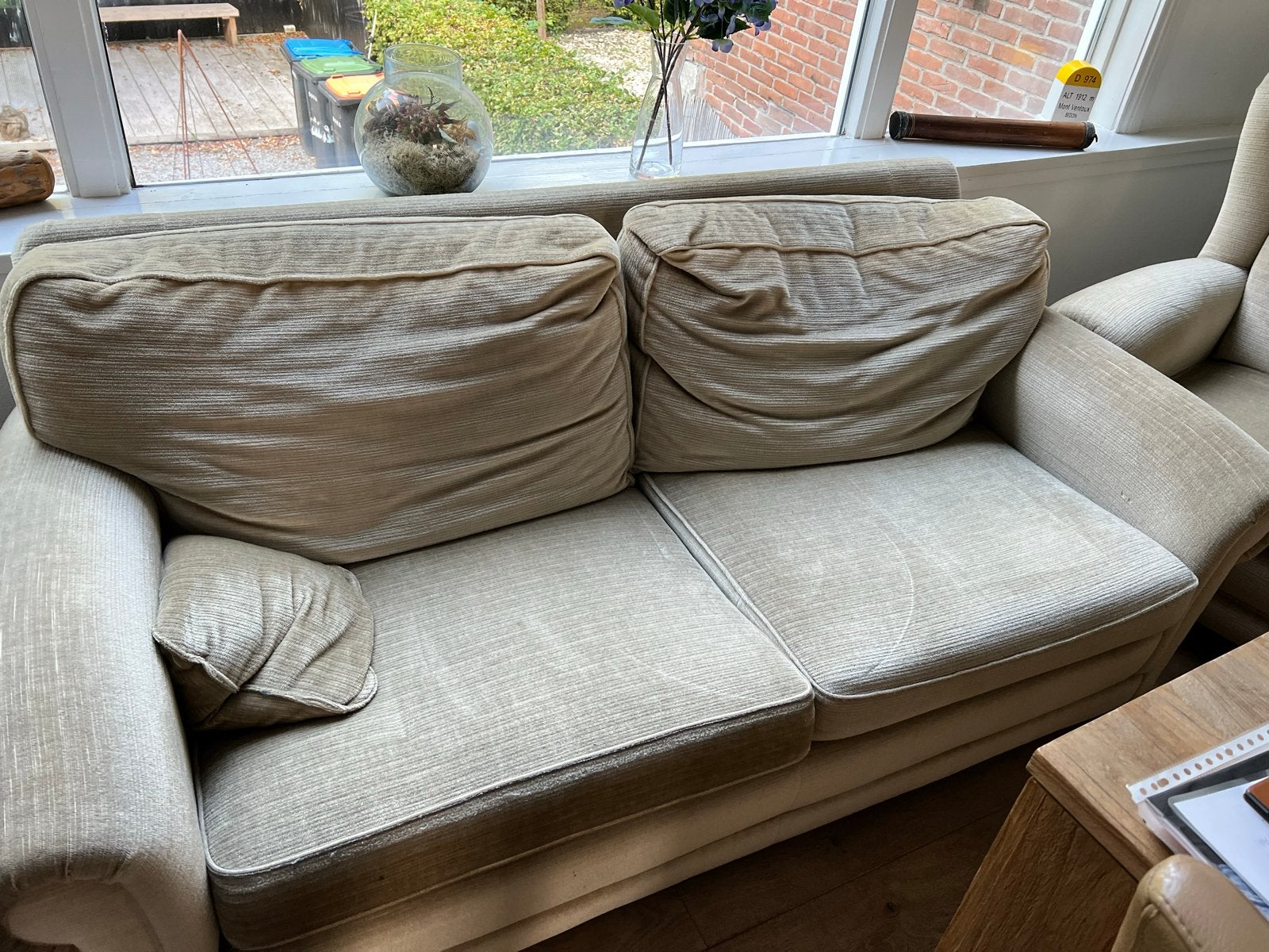 Comfortabele 2-zitsbank en fauteuil - Beige stof, Huis en Inrichting, Ophalen, Gebruikt, 150 tot 200 cm, Tweepersoons