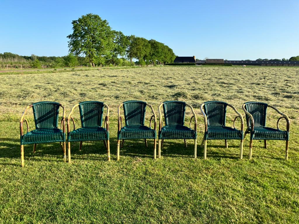 6x Bistro tuinstoelen / caféstoelen; Groen rotan & aluminium, Huis en Inrichting, Stoelen, Ophalen, Gebruikt, Overige kleuren