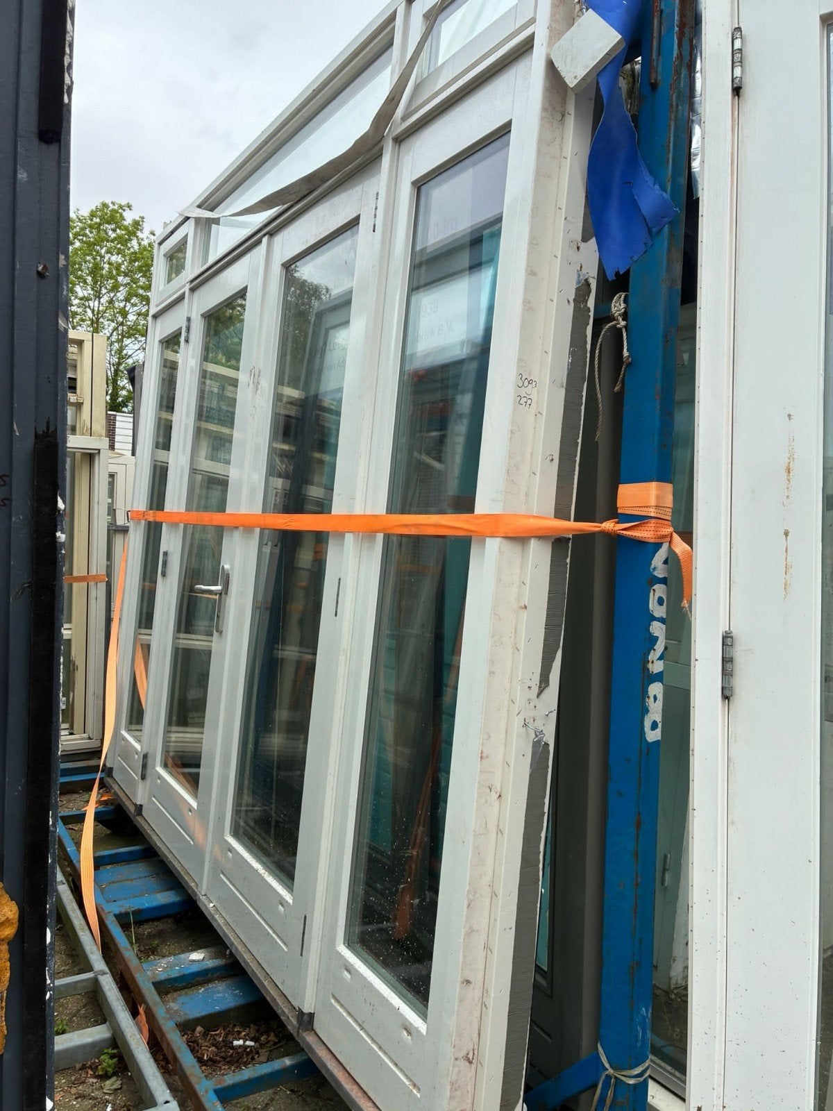 Kozijn met dubbele tuindeuren en zijlichten bovenlicht, Ophalen of Verzenden, Glas, 120 cm of meer, 215 cm of meer
