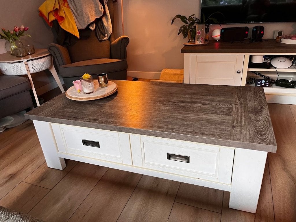 Degelijk en landelijk; TV meubel, salontafel + tafel lamulux, Ophalen, Overige materialen, Gebruikt, 100 tot 150 cm