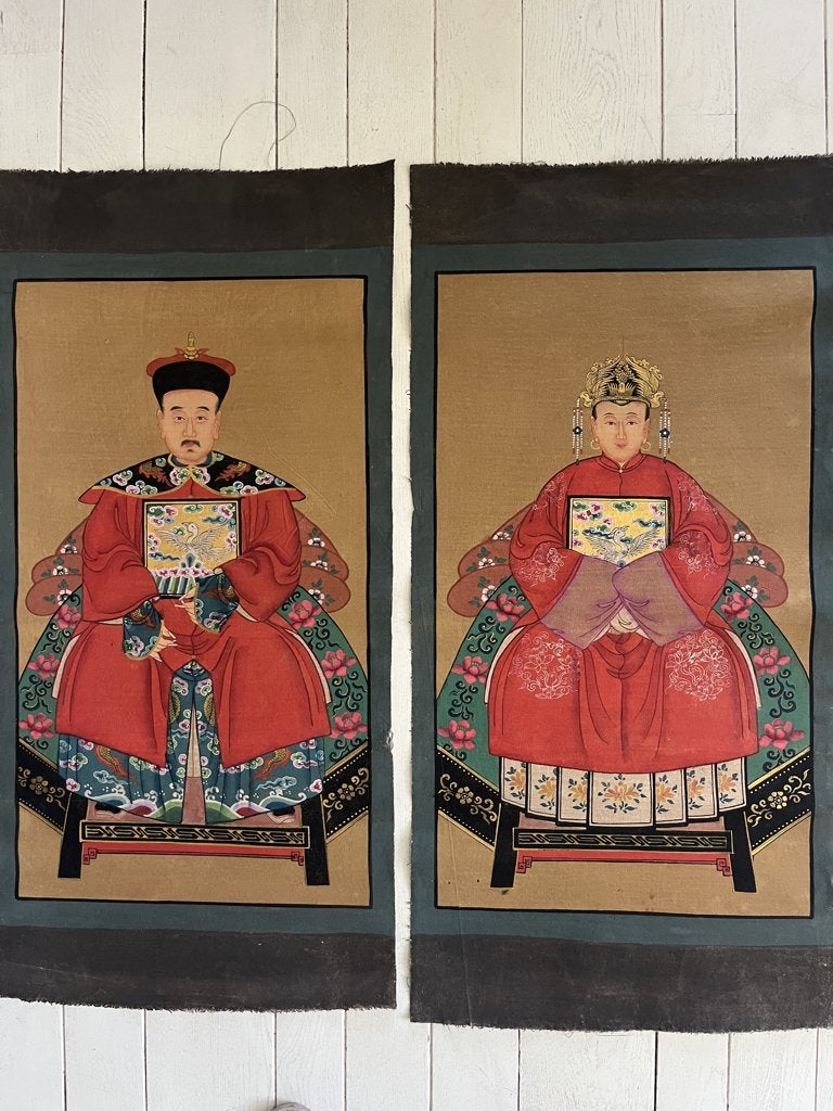 chinese voorouder portretten, Doek, Portret of Personen, Ophalen of Verzenden, Handgeschilderd