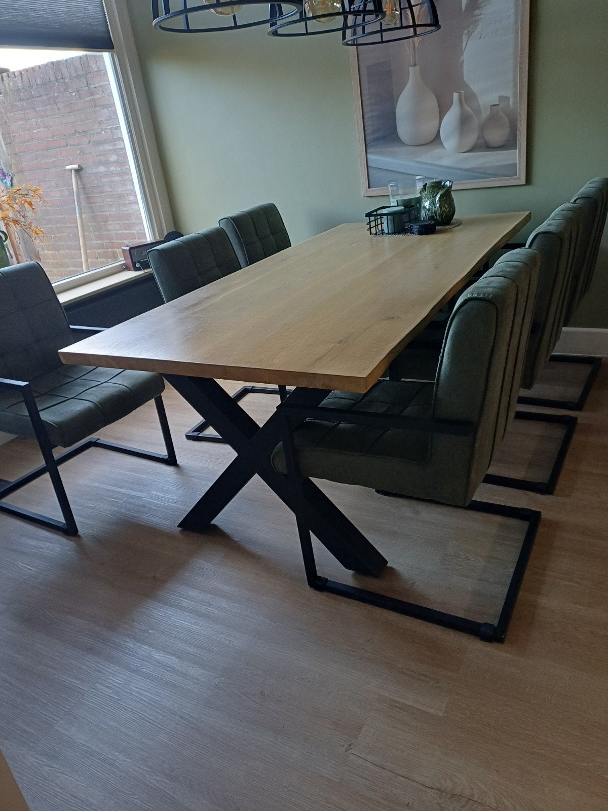 Eikenhouten eettafel met stalen X-poten, Ophalen, Industrieel, Modern, 50 tot 100 cm, Zo goed als nieuw