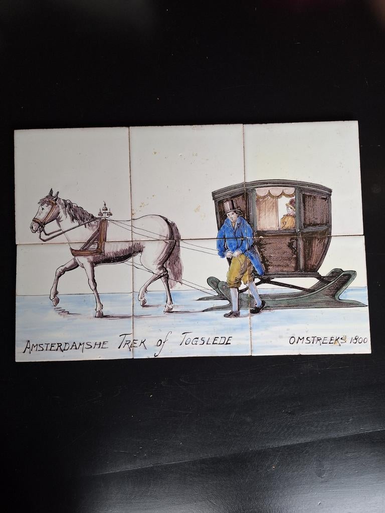 Antieke Delfts Blauw Tegeltableau - Amsterdamse Trek, Ophalen of Verzenden
