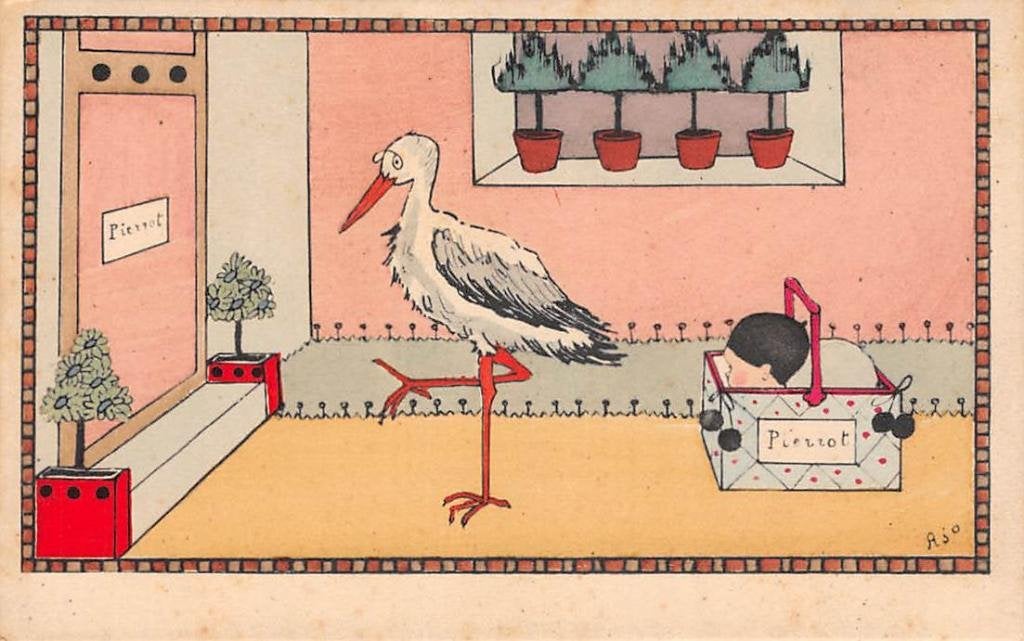 Fantasie Ooievaar Brengt baby Illustrator A j o Vintage Kind, Ophalen of Verzenden, Voor 1920, Ongelopen, Kinderen