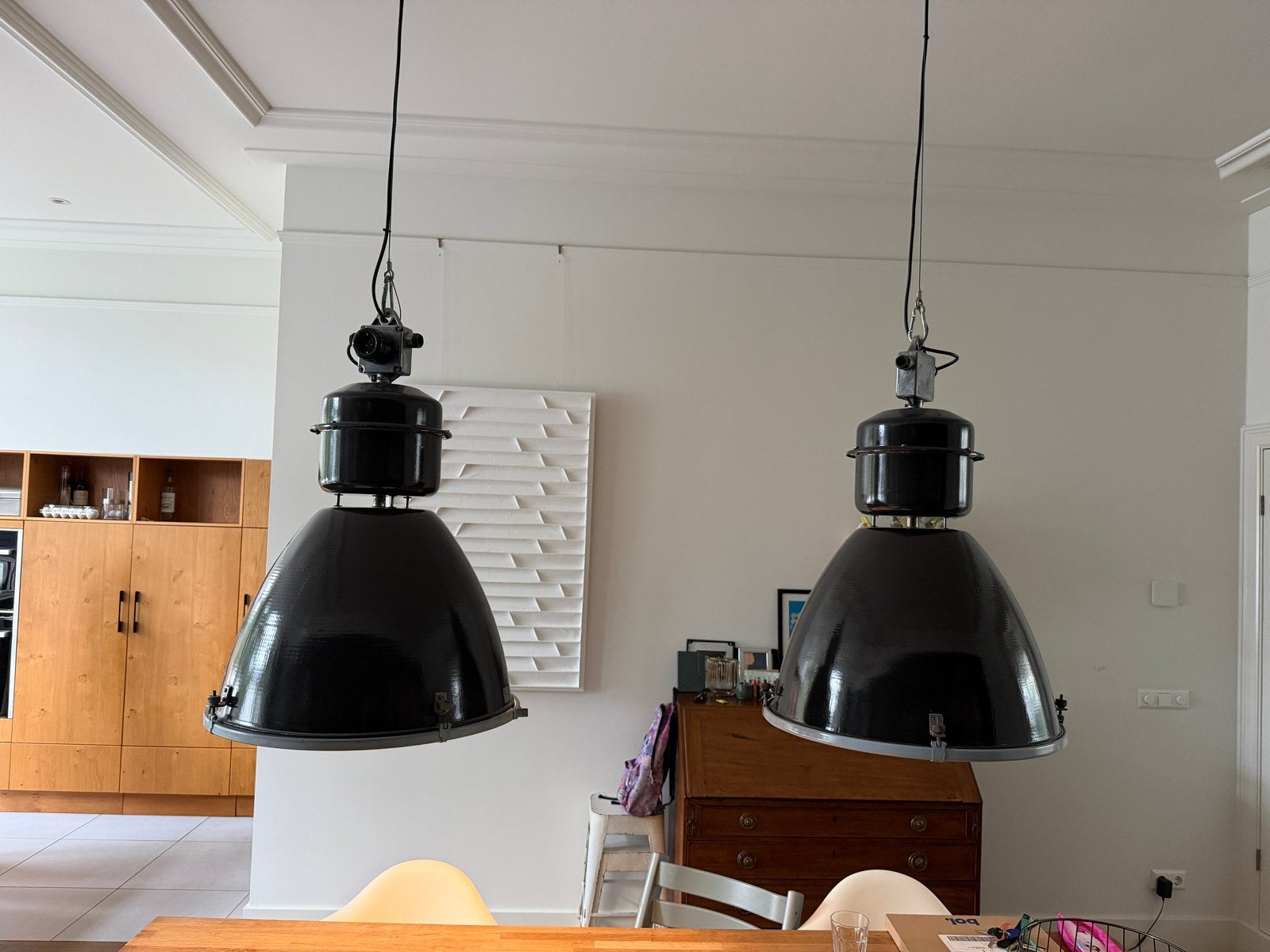 Set van 2 industriële hanglampen, zwart emaille, Ophalen