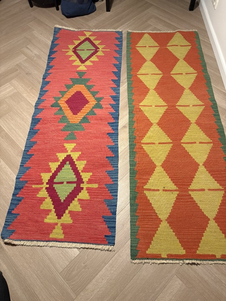 Set van 2 IKEA kleurrijke handgeweven lopers (wool), Bohemian, Etnisch, Handgeweven, Blauw, Zo goed als nieuw, 150 tot 200 cm