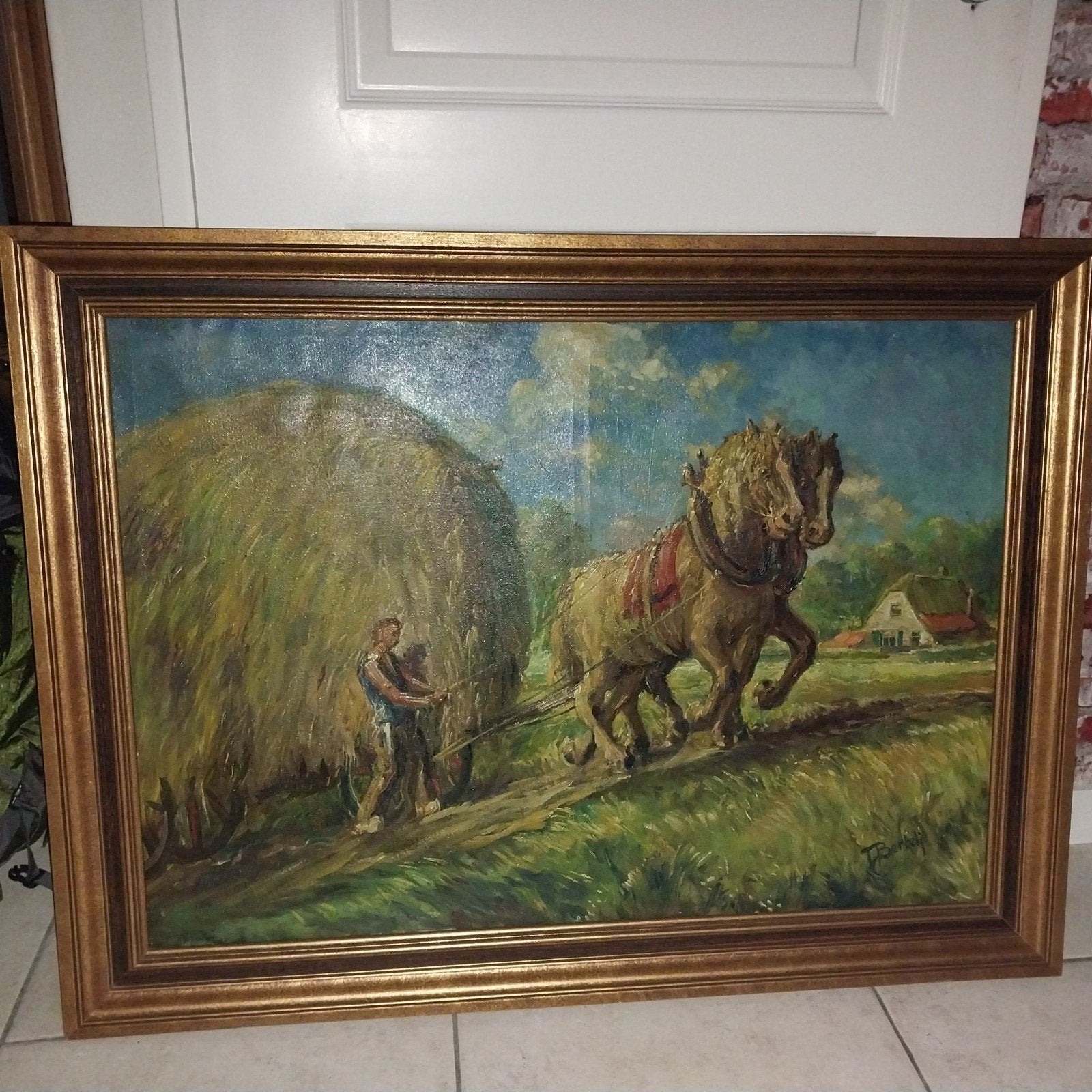 Olieverfschilderij: Boer met paarden en hooiberg, Doek, Realistisch, Ophalen of Verzenden, Landschap