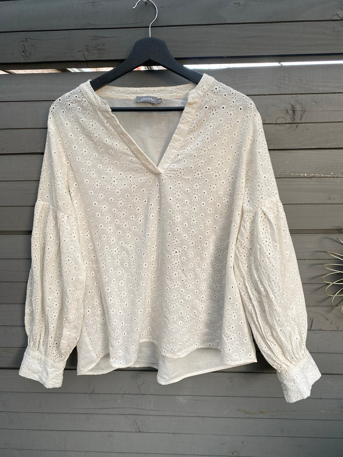 Geisha witte blouse met broderie, maat L/40, Verzenden, Zo goed als nieuw, Maat 42/44 (L), Wit
