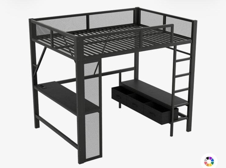 Hoogslaper met bureau en opbergruimte - Zwart metaal, Ophalen, Hoogslaper, Eenpersoons, 160 tot 180 cm