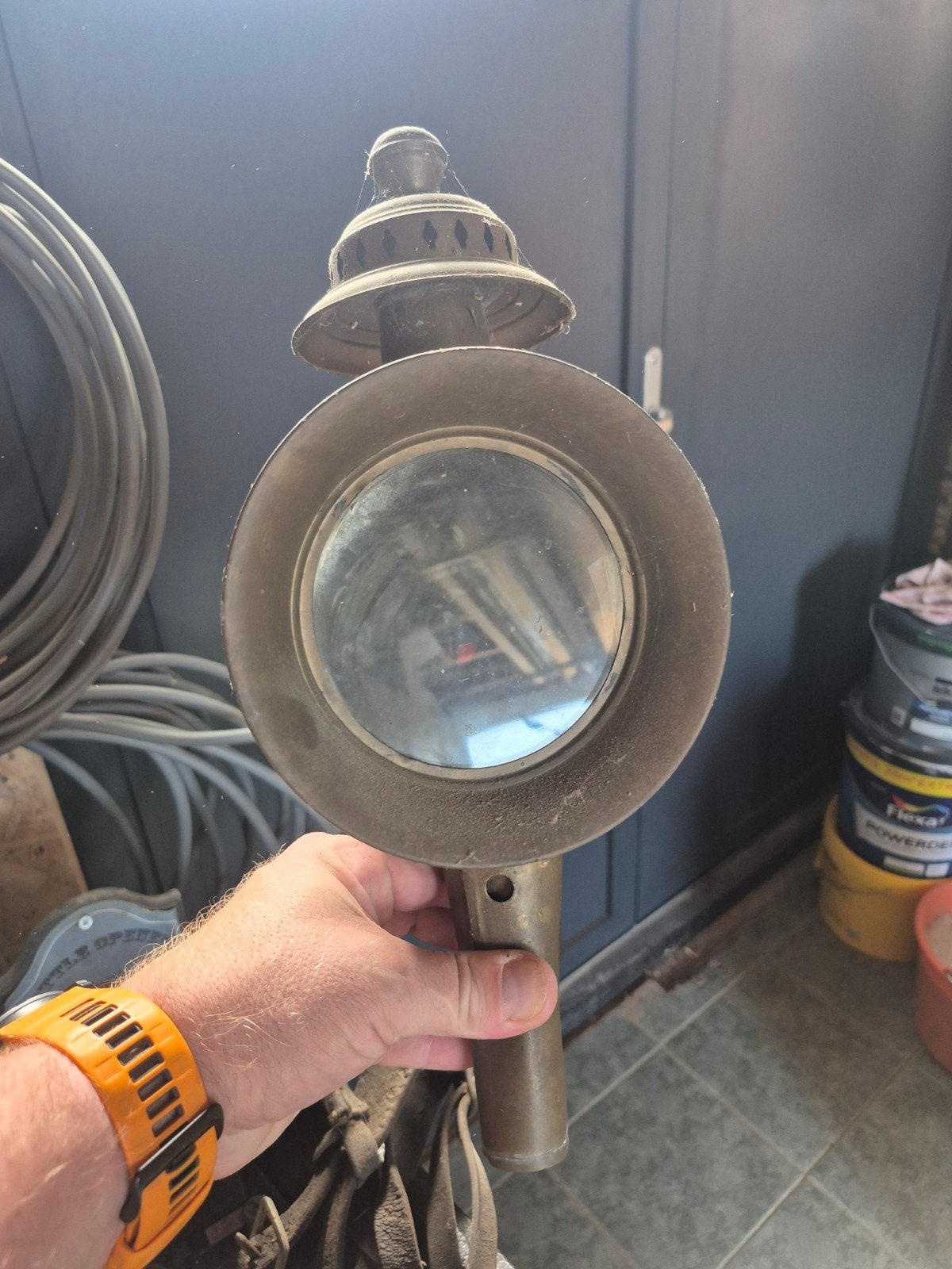 Antieke koperen koetslamp - uniek verzamelobject, Antiek en Kunst, Antiek | Lampen, Ophalen of Verzenden