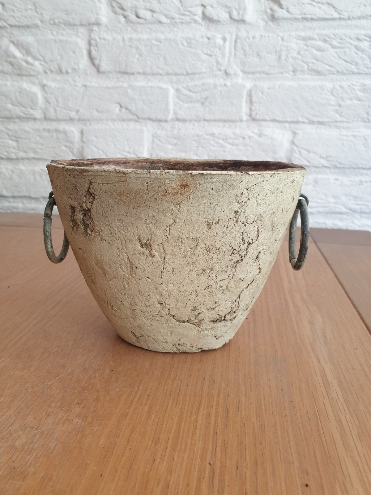 (T) Stoer, groen, aardewerken bloempot. Ovaal. H 11 cm., Ophalen of Verzenden, Gebruikt, Steen