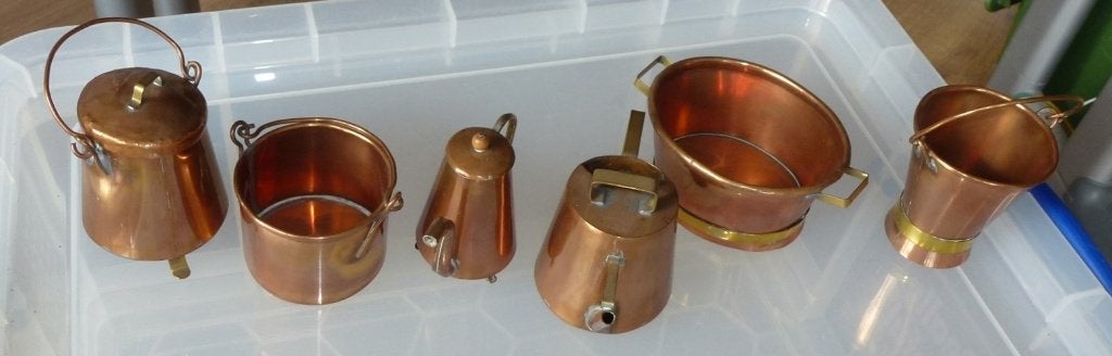 miniatuur koperen gieter theepot emmer en teil handgemaakt, Ophalen of Verzenden, Koper