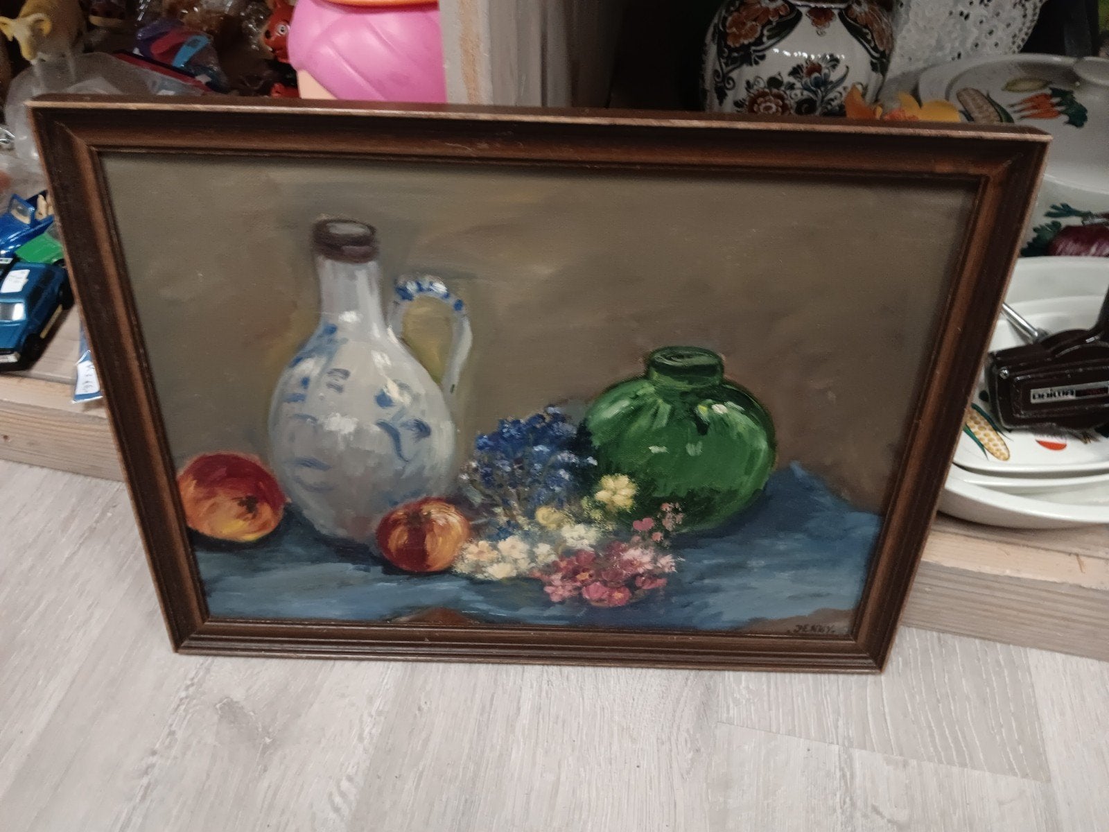 Stilleven met kruik, fles, fruit en bloemen, Ophalen of Verzenden