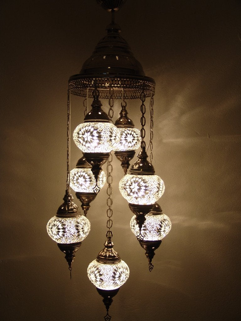 Oosterse Arabische kroonluchter hanglamp glasmozaiek set 7, Oosters Arabisch 1001nacht Boho Ibiza Marrakech Marokkaans Turks, E14 (klein)