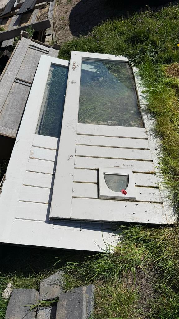 Twee buitendeuren met glas en kattenluik, opknapper, Doe-het-zelf en Verbouw, Ophalen, Gebruikt, 80 tot 100 cm, Buitendeur