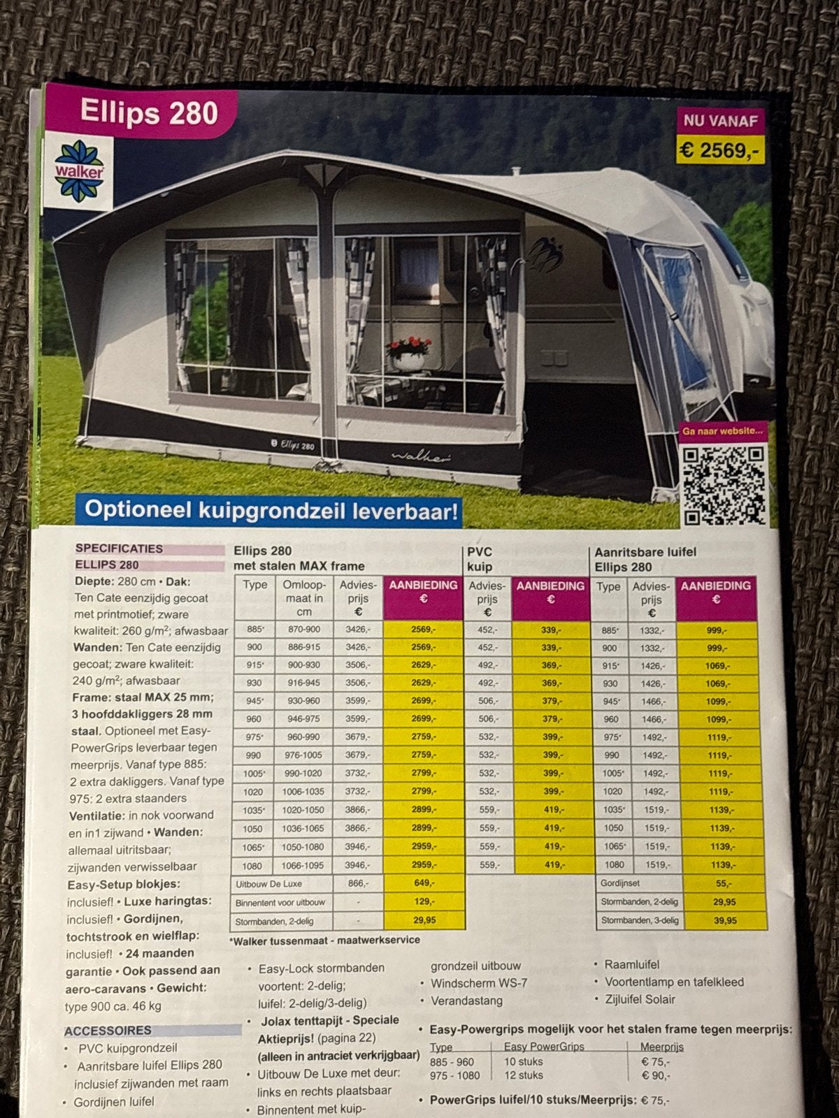 Walker Ellips 280 Voortent met stalen frame maat 1000/14, Caravans en Kamperen, Voortenten en Luifels, Ophalen, Zo goed als nieuw