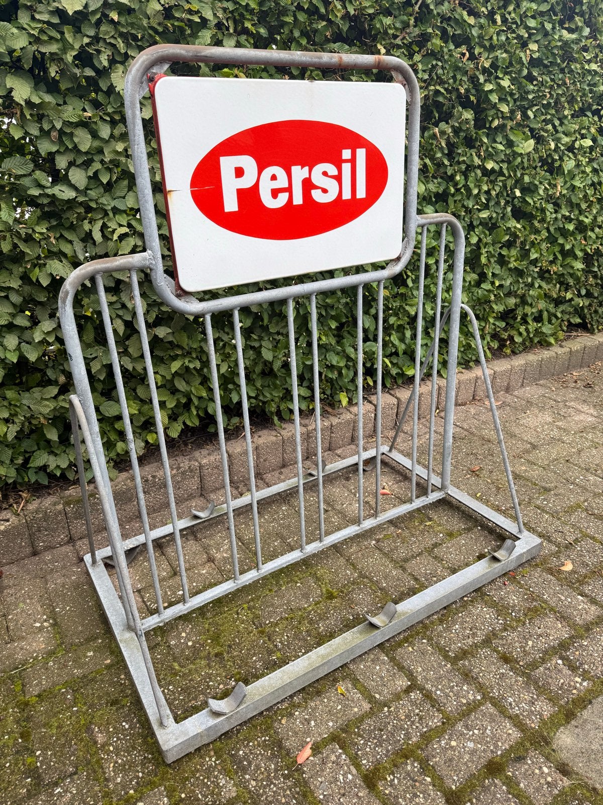Oud origineel fietsenrek met emaille reclamebord Persil, Ophalen of Verzenden, Gebruikt