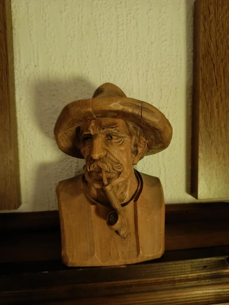 Houten Buste van Man met Pijp - Handgesneden, Antiek en Kunst, Kunst | Beelden en Houtsnijwerken, Buste, Ophalen of Verzenden