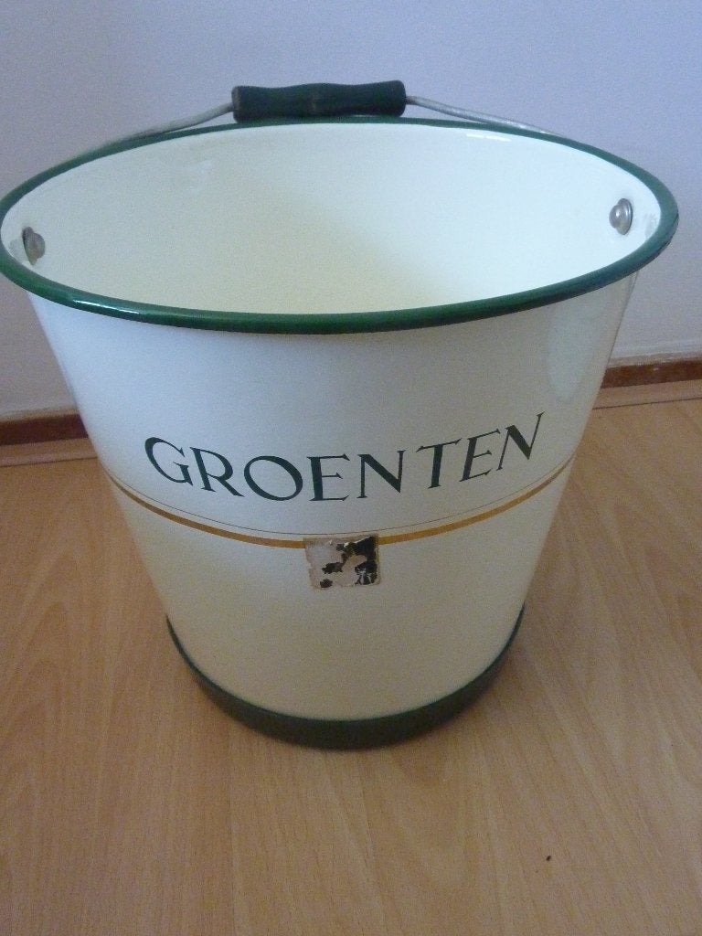 Vintage Emaille Emmer "Groenten" - Crème/Groen, Ophalen of Verzenden