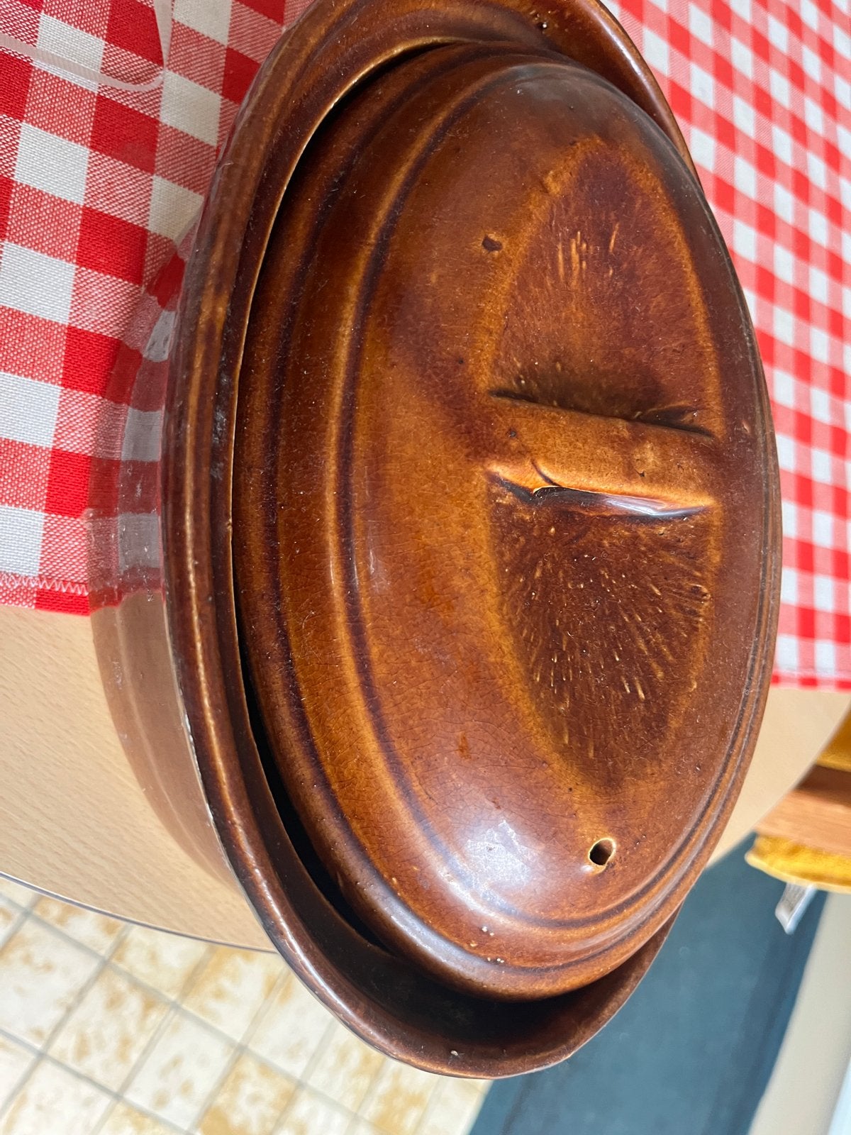 Vintage bruine aardewerken patépot met deksel, Ophalen