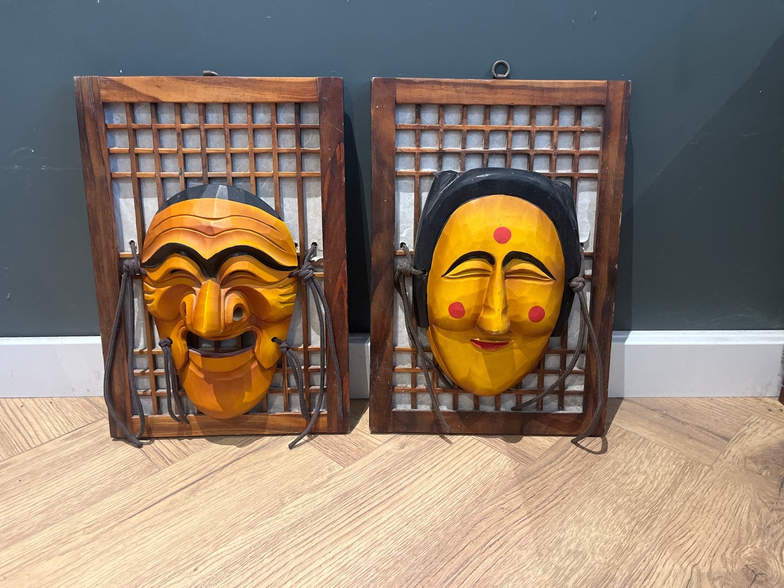 Set van 2 Koreaanse Hahoe maskers op houten paneel, Hout, Masker, Handgemaakt, Ophalen of Verzenden