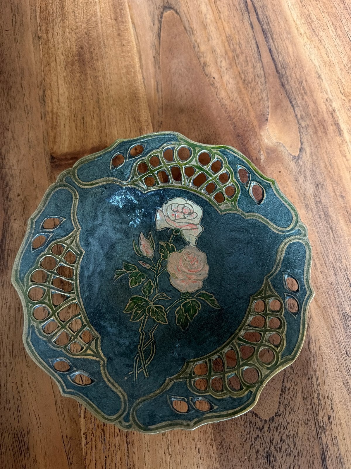 Vintage koperen schaal met rozen emaille decoratie, Ophalen of Verzenden