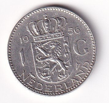 1 Gulden 1956 met rand deukje, Postzegels en Munten, 1 gulden, Koningin Juliana, Verzenden, Zilver