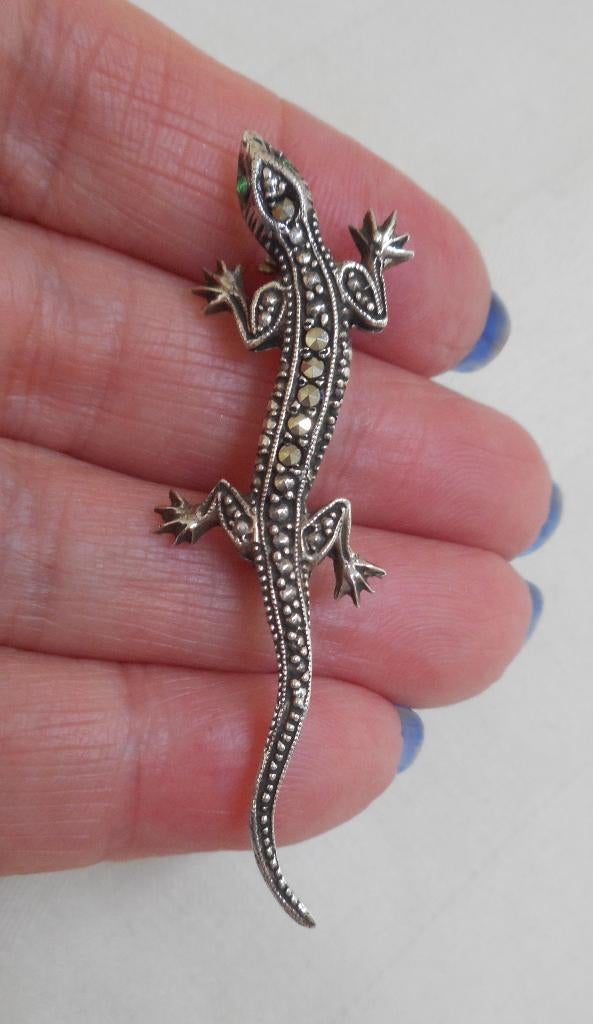 Zilveren vintage salamander broche met markasiet nr.1349, 4 tot 7 cm, Verzenden, Zo goed als nieuw, Zilver