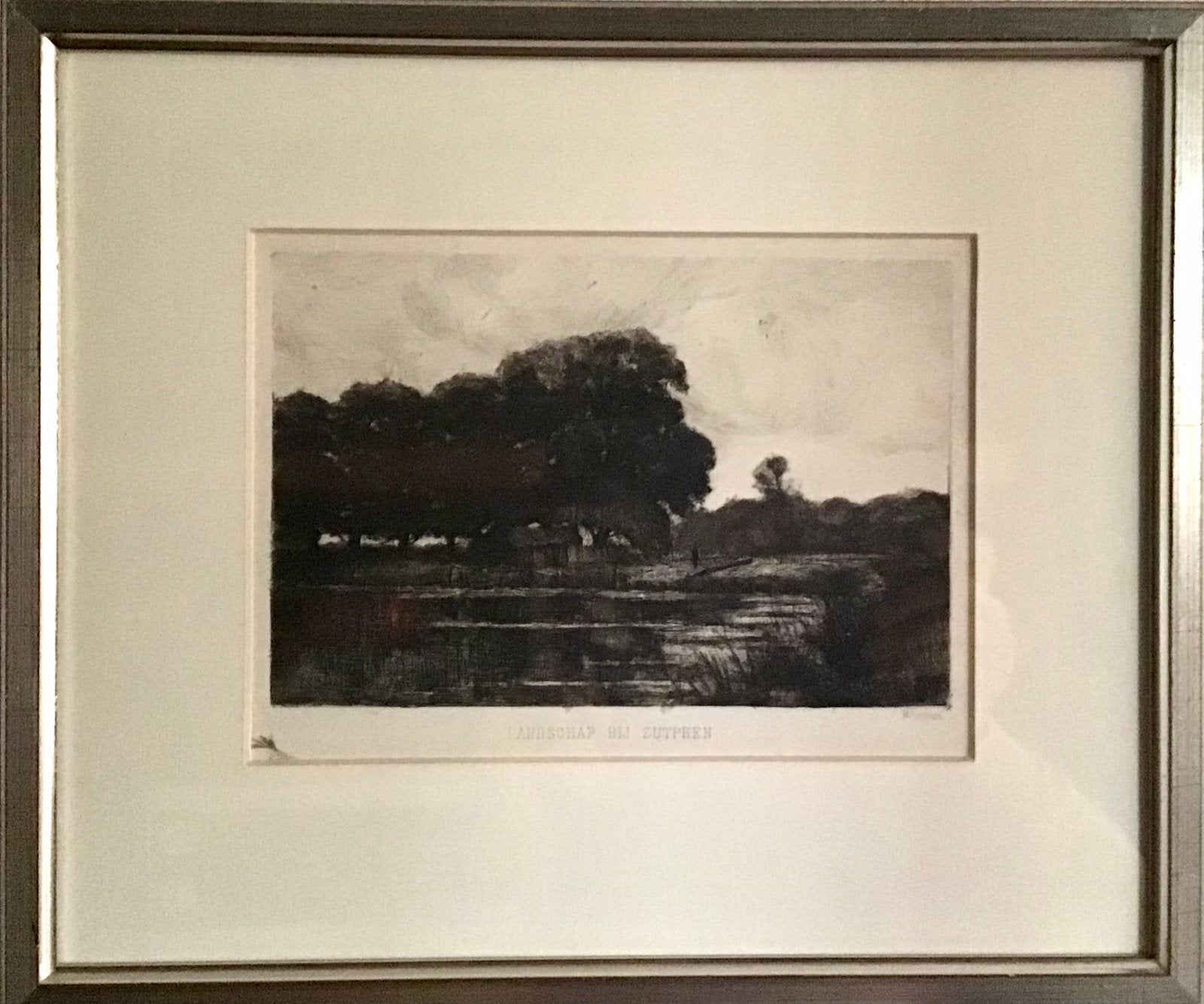 J.H. Wijsmuller - Landschap bij Zutphen - ets, ingelijst, 1800 - 1899, Ets, Ophalen of Verzenden, Gesigneerd