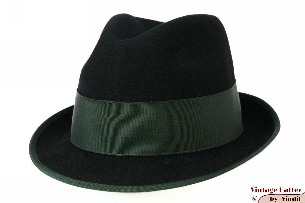 Vintage Jacht gleufhoed Mayser zwart met groene band 57, Ophalen of Verzenden, 57 cm (M, 7⅛ inch) of minder, Mayser-support@anthec.de