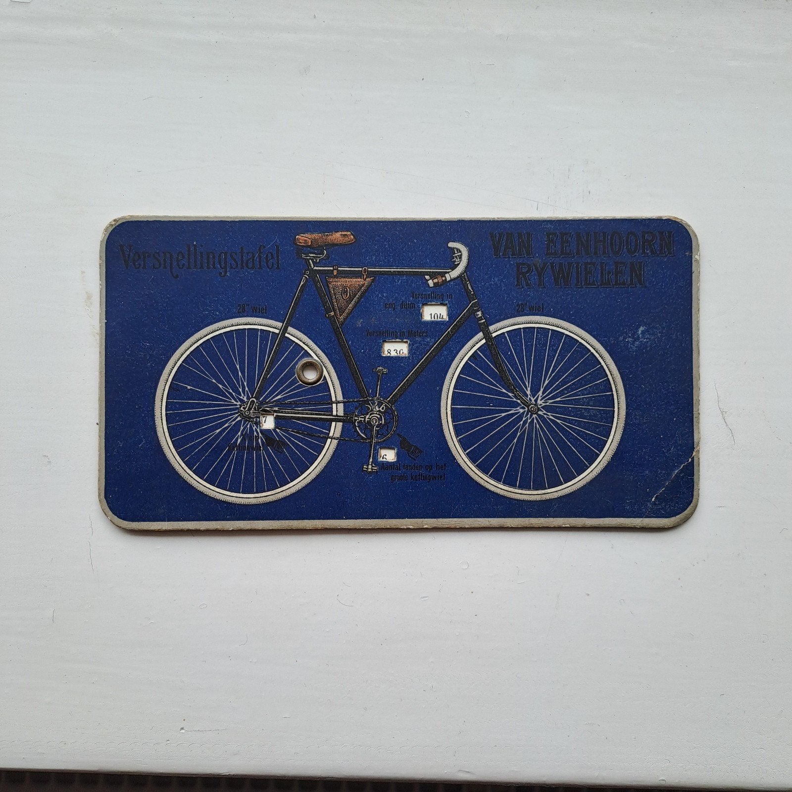 1895 versnellingstafel Eenhoorn rijwielen antiek oldtimer, Ophalen of Verzenden, Gebruikt, Reclamebord